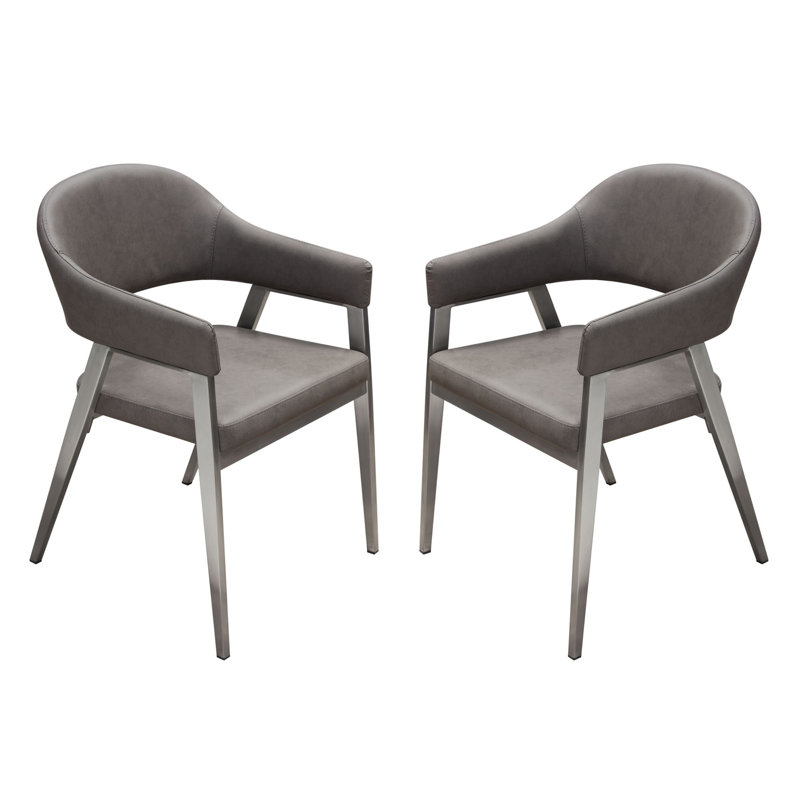 Adele Set Of Two Dining/Accent Chairs In Grey Leatherette W/ Brushed Stainless Steel Leg, Gray Faux Leather