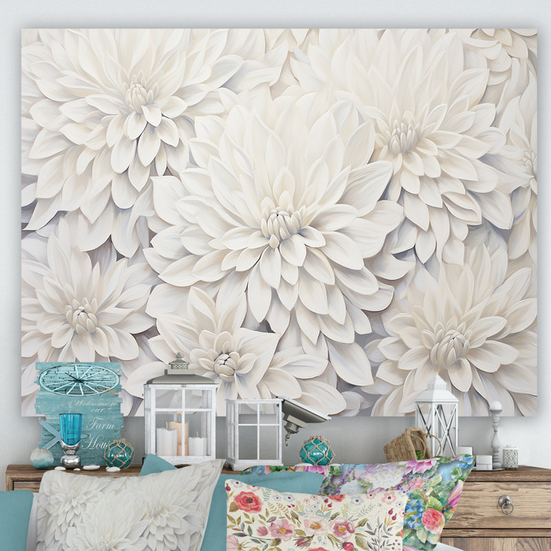 «White Dahlia Charm Collage», art mural Dahlia, Toile tendue, H 30 po x l 40 po