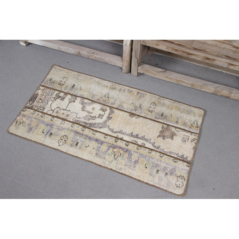 Vintage Turkish Wool Rug in Beige Ideal for Entryway with Classic Patchwork Design