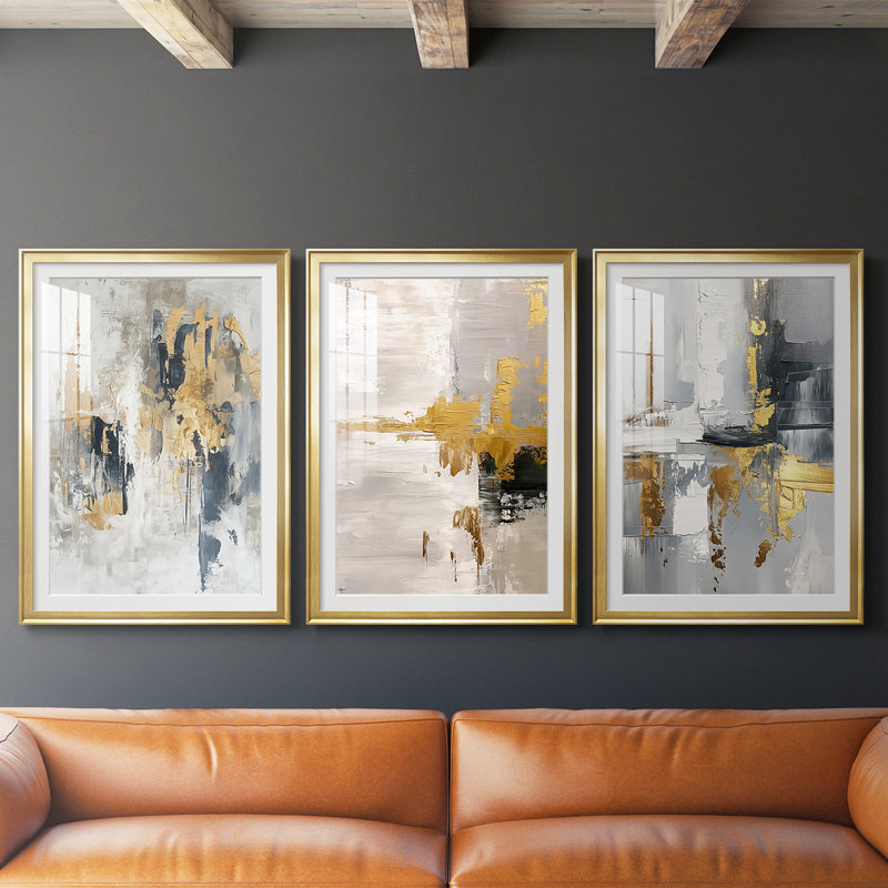 ABSTRACT Series CDXC - Impression sur mesure encadrée de qualité supérieure - 3 pièces, H 30 po x l 63 po, Doré