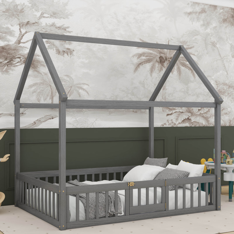 Full Size Wood House Bed with Fence, Gray