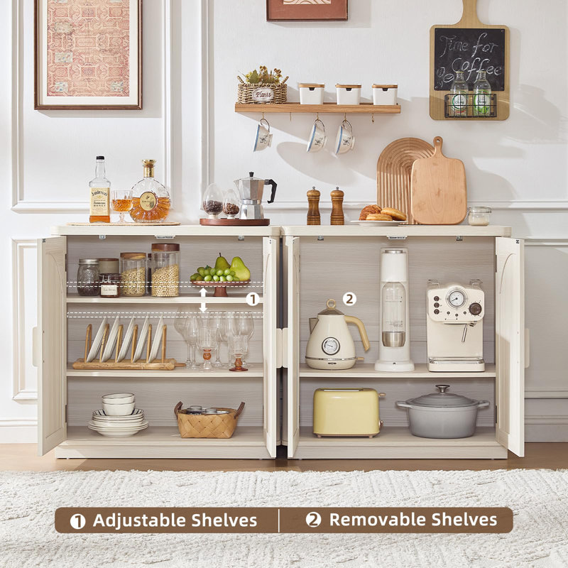 Rattan Sideboard Buffet Cabinet with Storage, 31.5" Coffee Bar Cabinet with Arch Doors & Adjustable Shelves, Wood Credenza, Boho Accent Cabinet for Kitchen, Living Room (Grey)