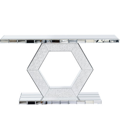 Sparkling Crystal Foyer Table With Dual - Tier Hexagon Mirror, 55" For Narrow Entryways Contemporary Diamond Glass Mirror Table, Primary Living Spaces