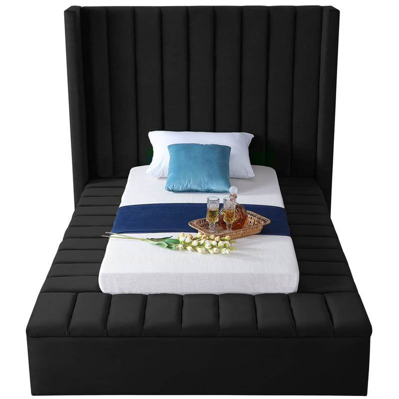 Rick Upholstered Wingback Bed, Black Velvet, Twin