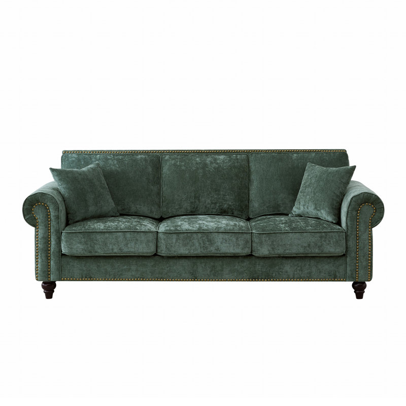Canapé de 86 pouces en chenille, canapé confortable à 3 places, décoration cloutée, 33,4 po H x 86,4 po L x 34,5 po P, 3