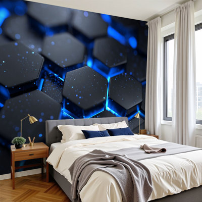 Papier peint adhésif Technologique futuriste noir hexagonal brillant bleu néon décoratif muraux H 100 po x l 144 po amovible en papier peint mural auto-adhésif pour chambre à coucher salon salle de jeu bureau à domicile