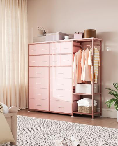Tall Dresser for Bedroom with 16 Drawers, Clothes Rack and Storage Shelves, Bedroom Storage Dresser for Clothes Organization