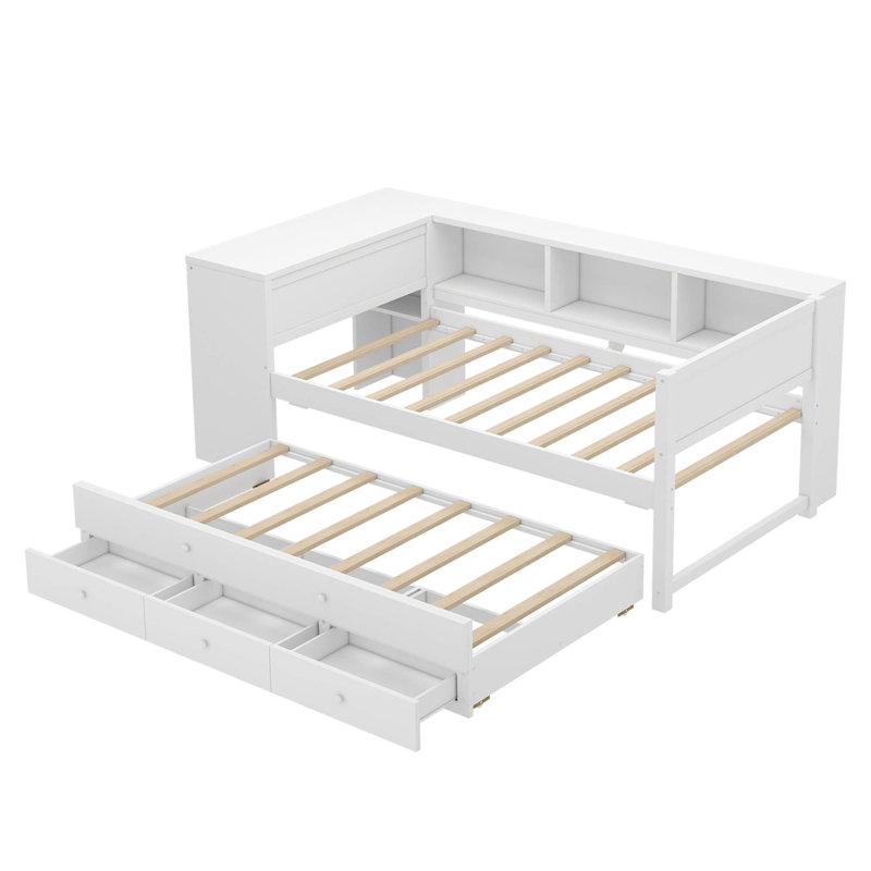 Twin Size Wooden Daybed With Trundle, Storage Drawers, Side Shelves & Built-In Desk, No Box Spring Required, White, Twin