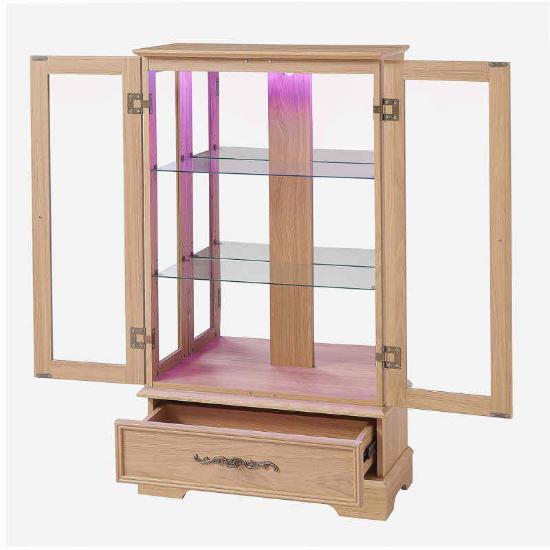 Vitrine lumineuse en verre avec tablettes réglables - 2 portes, 1 tiroir, lumières DEL, finition chêne clair élégant