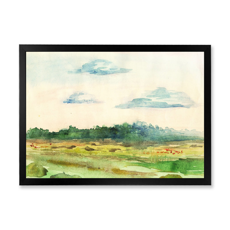 «Green Blossoming Summer Landscape», peinture sur toile, Toile avec cadre noir, H 16 po x l 32 po x P 1,5 po
