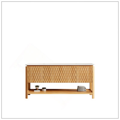 Armoire autoportante 30 po avec 2 portes et tablette ouverte, plateau en pierre frittée blanc de Carrare, sans lavabo, sans robinet et drain, couleur grain de bois