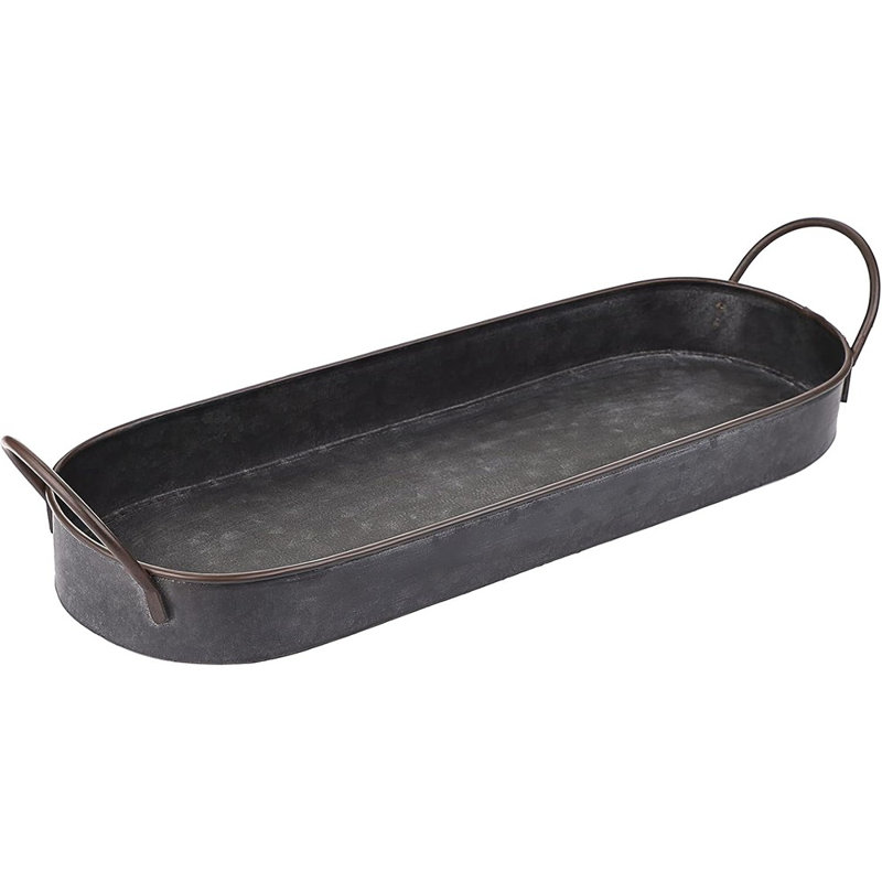 Industrial Metal Iron Tray, Galvanized Decorative Serving Tray With Handles For Coffee Table And Home