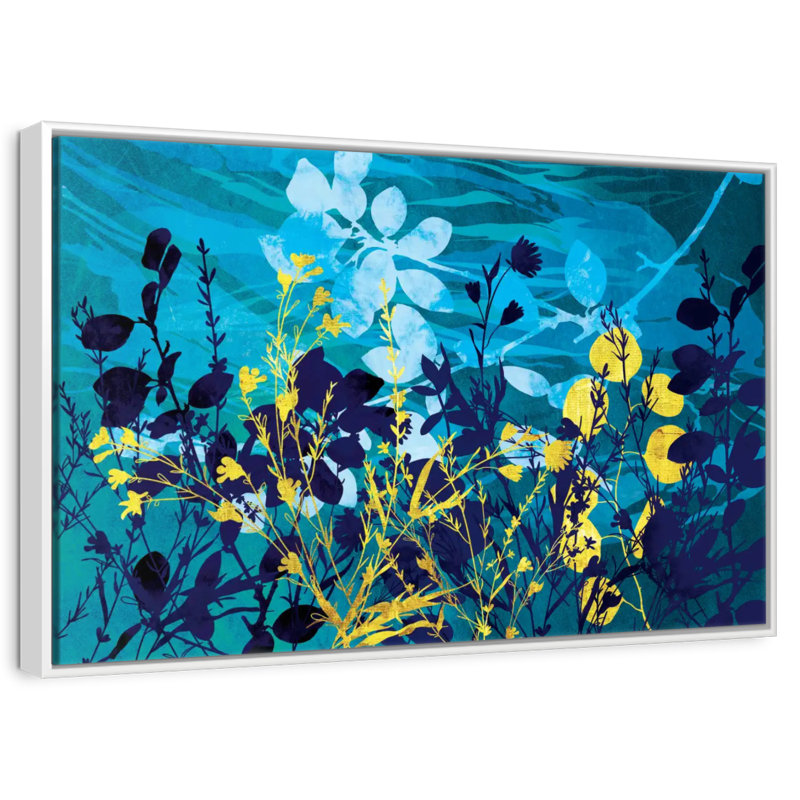 Feuillage de paysage doré et bleu, Cadre flottant blanc, 31 po x 21 po