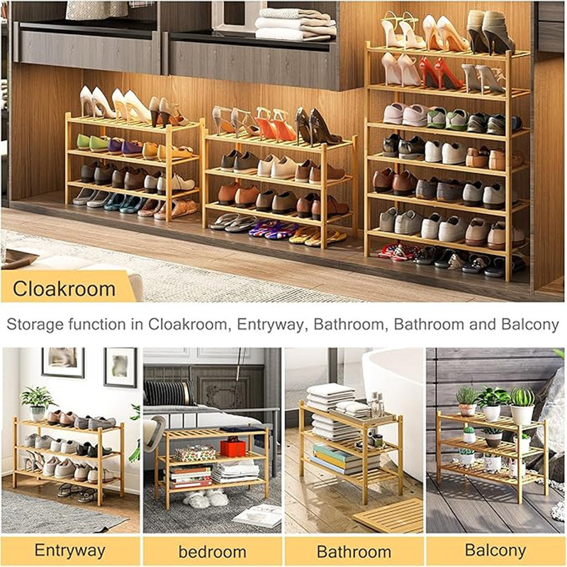 Range-chaussures à 3 niveaux en bambou pour entrée, empilable | Robuste | Range-chaussures autoportant multifonctionnel pour le couloir de la chambre à coucher