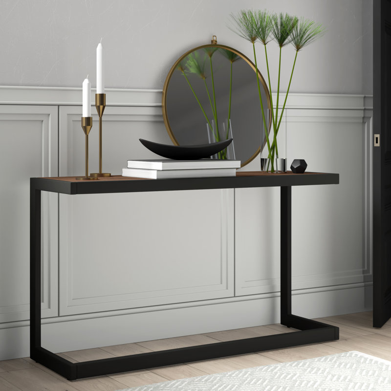 52"W Solid Acacia Industrial Storage Console Table with C-Shaped Design and Metal Frame, Rustic Brown