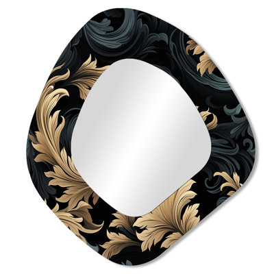 «Black and Gold Damask Flower Blossoms III - Damask Unique Shape Unique Wall Mirror Decor», grand miroir asymétrique noir, impression sur métal