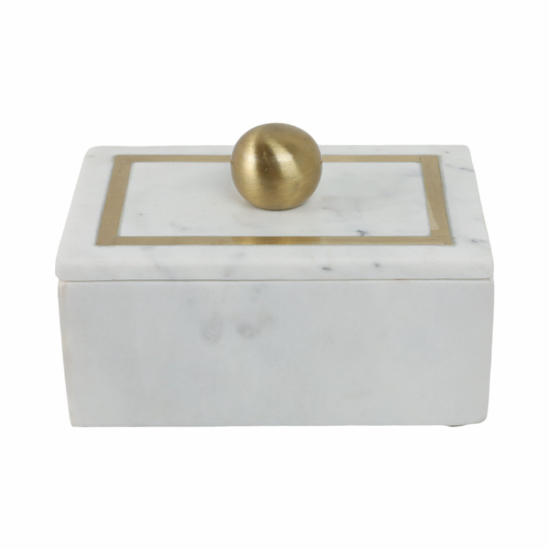 Elegant White Marble 7" x 5" Decorative Storage Box with Gold Knob