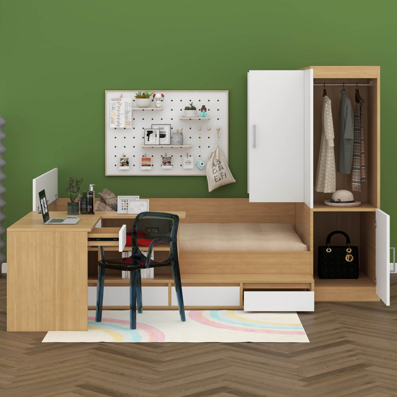 Lit plateforme double avec 6 tiroirs de rangement, lit de jour en bois avec bureau, draps et garde-robe, Naturel