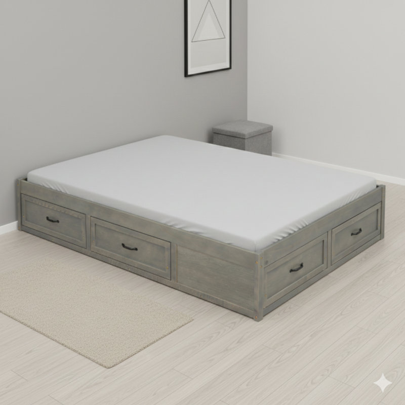 Lit plateforme antique gris avec six tiroirs de rangement
