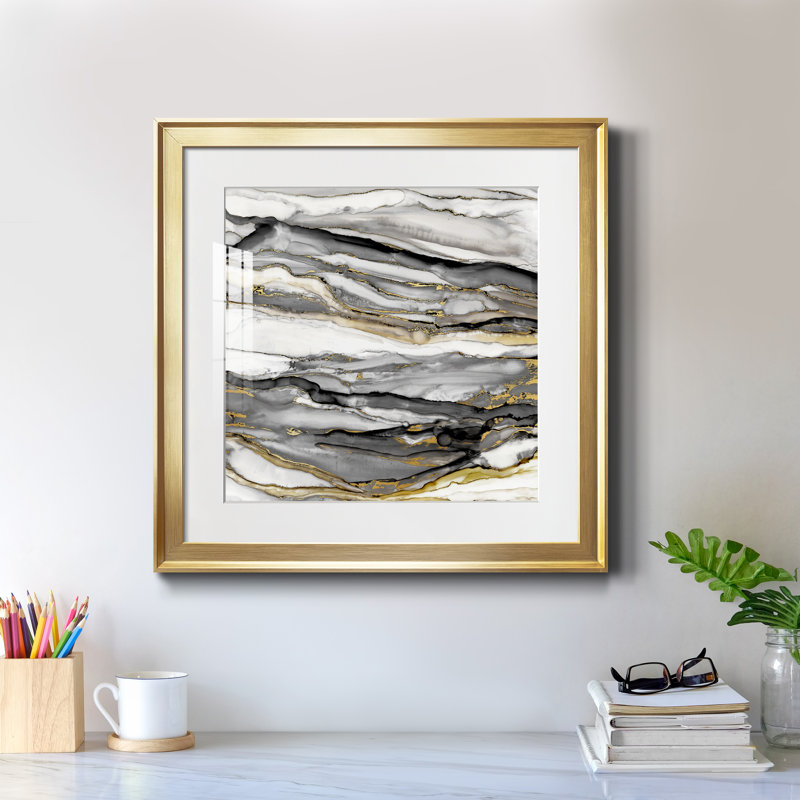 Marbré or II - peinture encadrée, Papier encadré doré, H 17,5 po x l 17,5 po x P 1,5 po