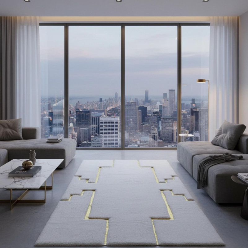 Tapis blanc et doré moelleux, tapis géométrique moderne, Rectangle 3 pi x 3 pi 4 po