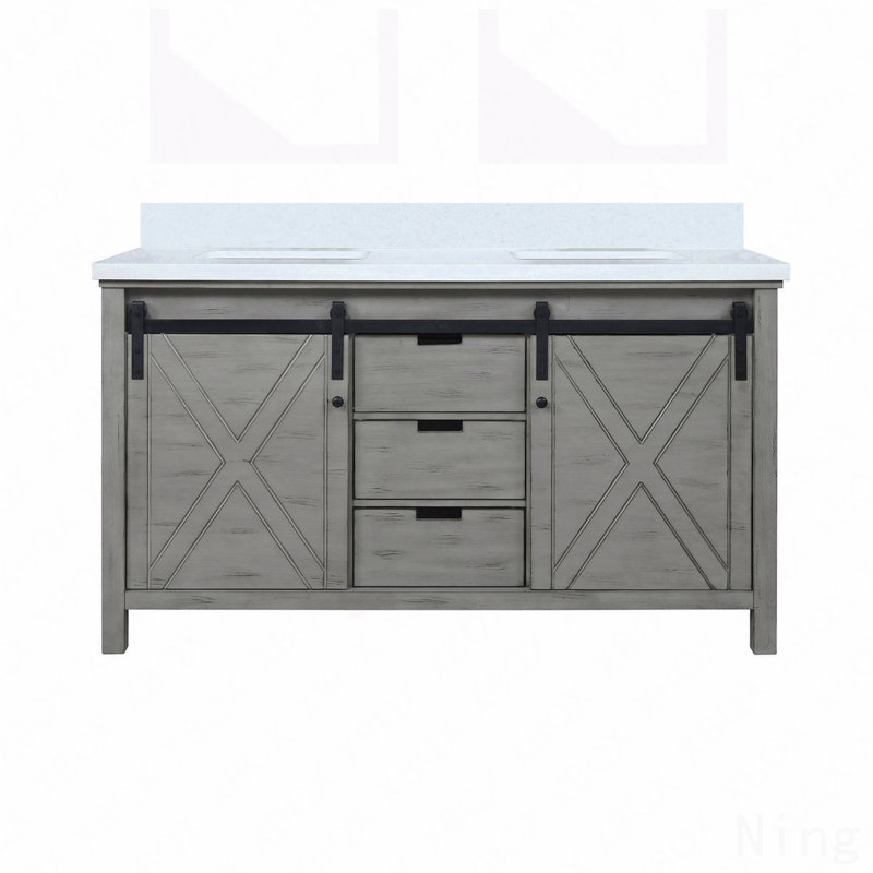 Meuble-lavabo double l 60 po x P 22 po, comptoir en quartz blanc, Gris