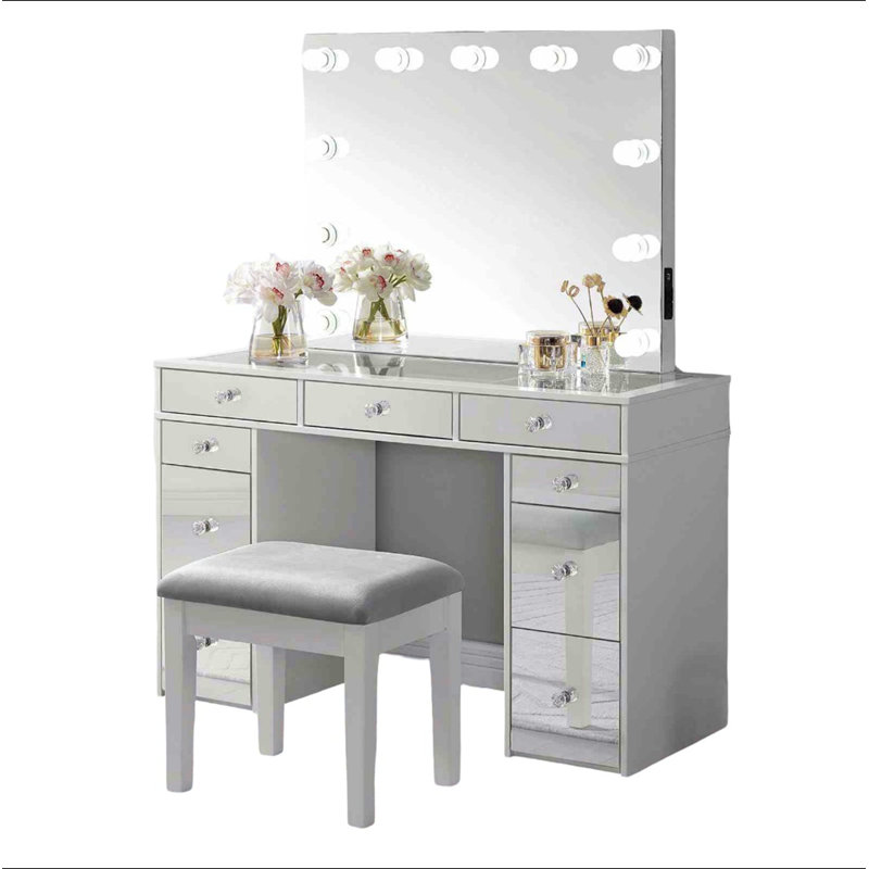 Contemporary Style 1Pc Vanity W/ Stool Set Glass Top Storage Drawers Central Mirror W/ Bulbs USB And Power Outlet