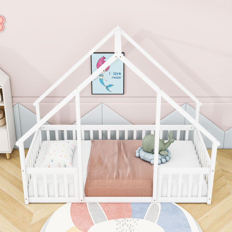 Wood House-Shaped Floor Bed With Guardrails, Twin, White