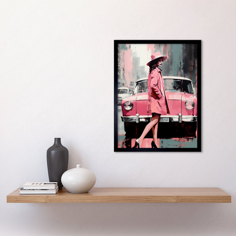 Aarunya Woman And Classic Car Pink - Single Picture Frame Print