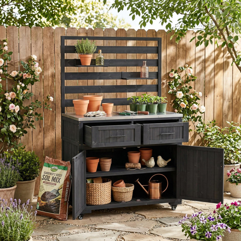 Banc de rempotage 64,9 po avec tiroirs, table de travail de jardin en bois massif avec plateau et tablettes en acier inoxydable