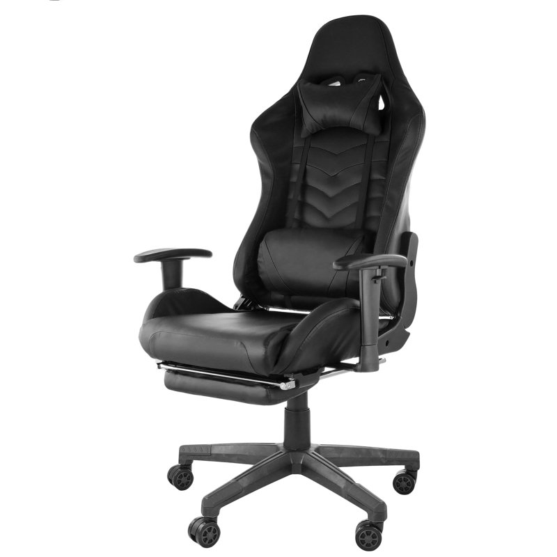 Gamefitz Ergonomic Gaming Chair With Footrest, Lumbar And Head Pillow Support, Adjustable Reclining Swivel Chair With Retractable Footrest And Pleather Upholstery, Black Gamer Office Chair