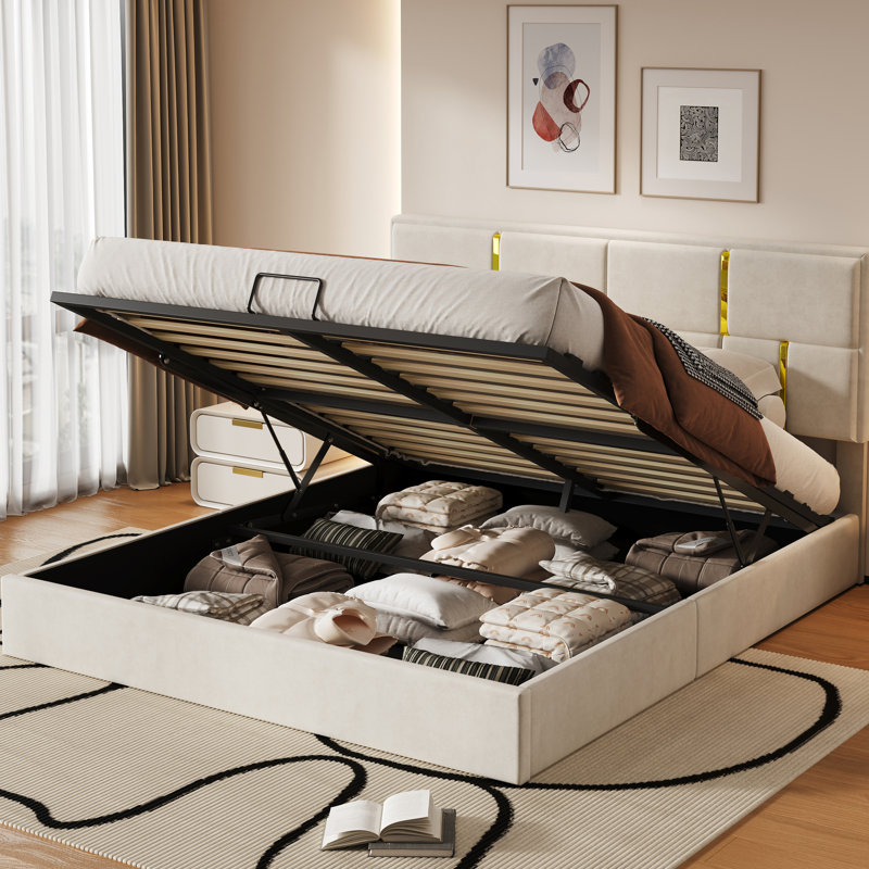 Grand lit, lit plateforme tapissier avec rangement, beige, textile doux, tête de lit ornée de contreplaqué et fabrication en contreplaqué, conception d'espace, rembourrage hydraulique en tissu à taille d'installation rapide, doré