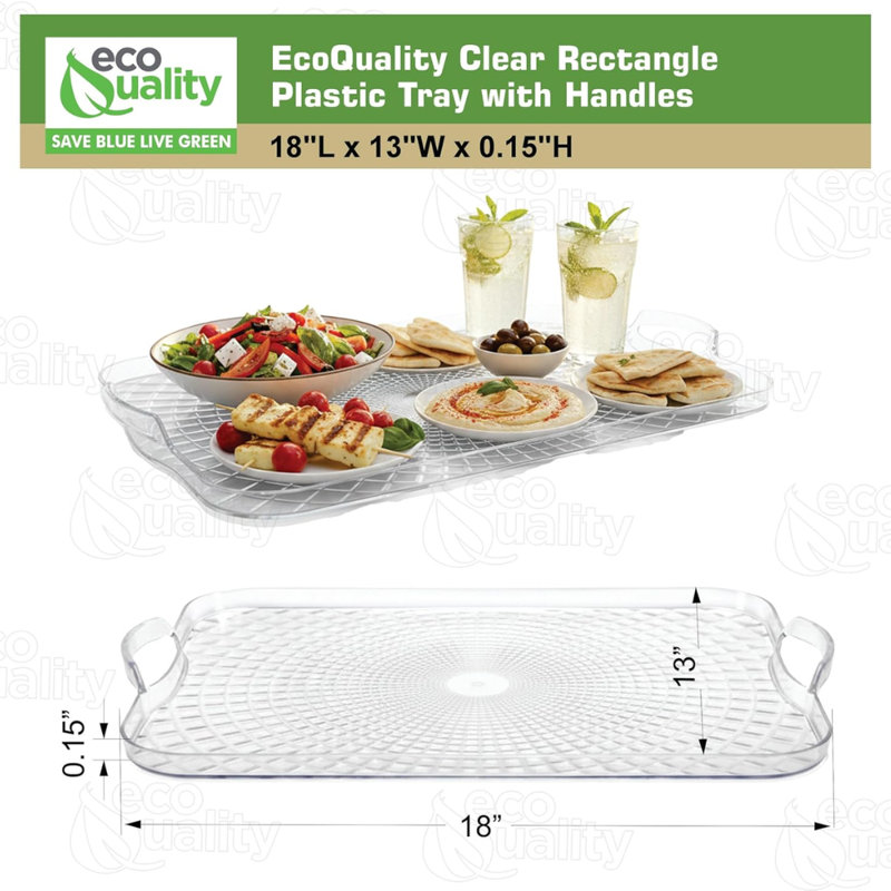 Plateau rectangulaire en plastique transparent de 18 po x 13 po avec poignées Ecoqualité - Plateau de service rectangulaire pour amuse-gueules, desserts, collations, traiteurs, réceptions et présentoirs à buffet (2)