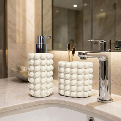 Better Trends Nova Collection Bubble Textured 2PC Bathroom Accessories Set, Resin Soap Dispenser & Toothbrush Holder for Bathroom Vanity, Guest Bathroom, Apartment & Dorm Use, Ivory