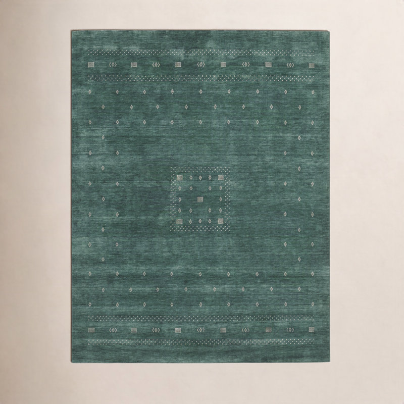 Simi Hand Knotted Cotton/Wool Southwestern Area Rug, Green, Rectangle 5' x 8'