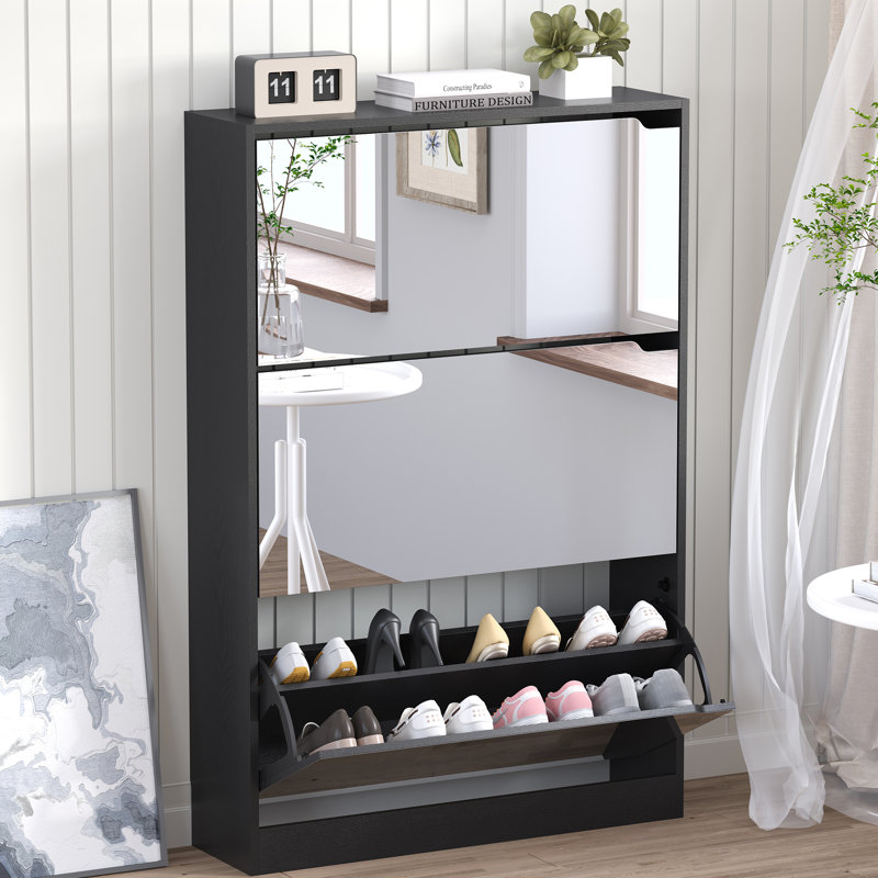Mirror Finish Tri-Fold Flip Shoe Cabinet with Adjustable Shelves, Wood Entryway Storage Organizer, Black