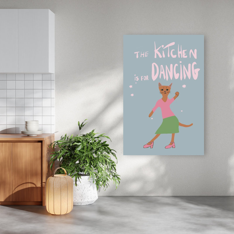 Chat dansant dans la cuisine, style abstrait et fantaisiste, avec un chat dans un paysage naturel - Affiche murale