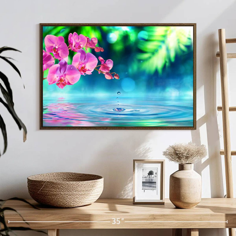 Orchidée zen, 25 po x 17 po, Cadre flottant noyer