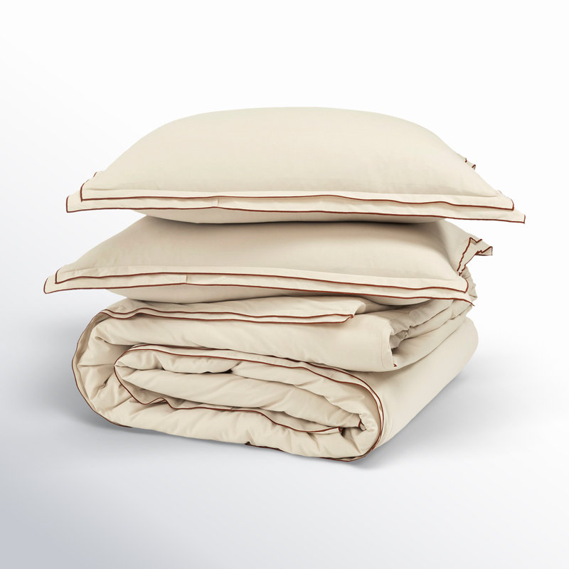 Hampton Double Flange Embroidered Contrast Edge Duvet Cover 3 Pieces Set, Queen Duvet Cover + 2 Standard Shams, Beige