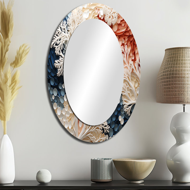 Rose et blanc Coastal Coral Collage II - grand miroir mural ovale sur métal, 36 po x 24 po