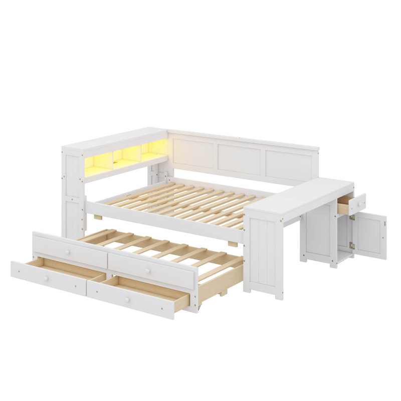 Full-Size Daybed With Drawers, Trundle Bed, Charging Spot, LED Lights, Workstation, And Storage Unit, White