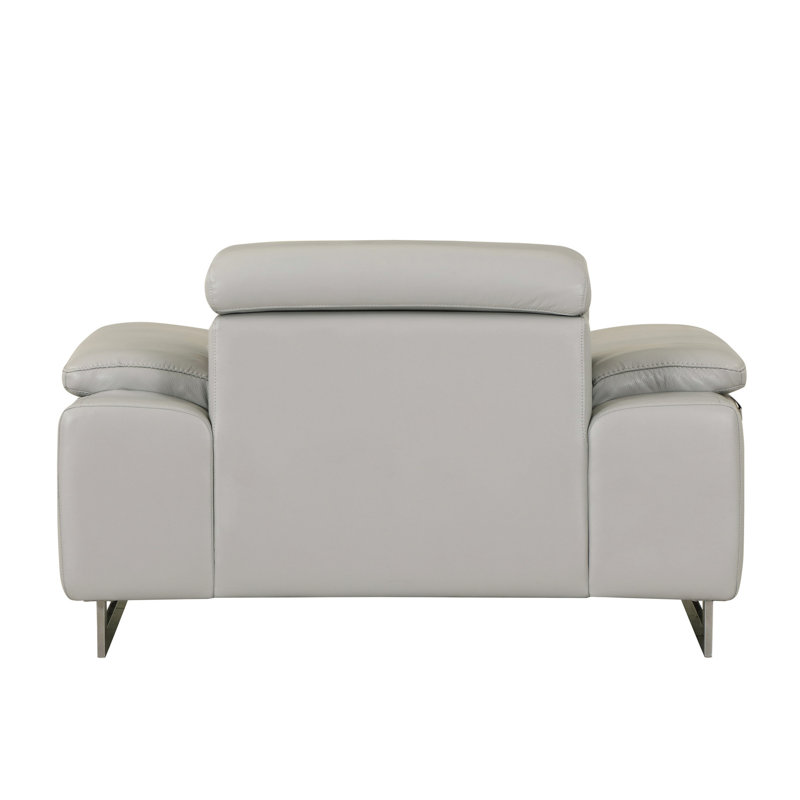 Chaise en cuir gris avec structure renforcée et pieds en acier inoxydable