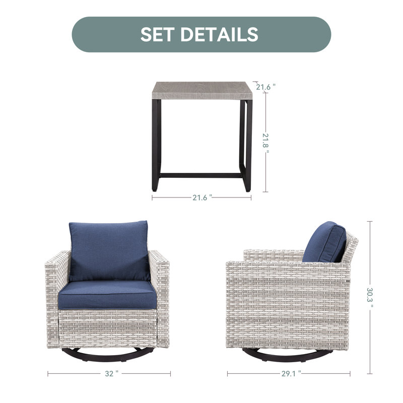 Nazime 2 Person Seating Group with Cushion, Light Gray, Navy Blue