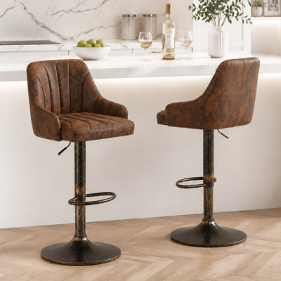 Ensemble de 2 tabourets de bar George, tabourets de bar pivotants réglables, chaises de bar en similicuir, tabouret à hauteur de comptoir rembourrée avec dossier haut pour îlot de cuisine, brun