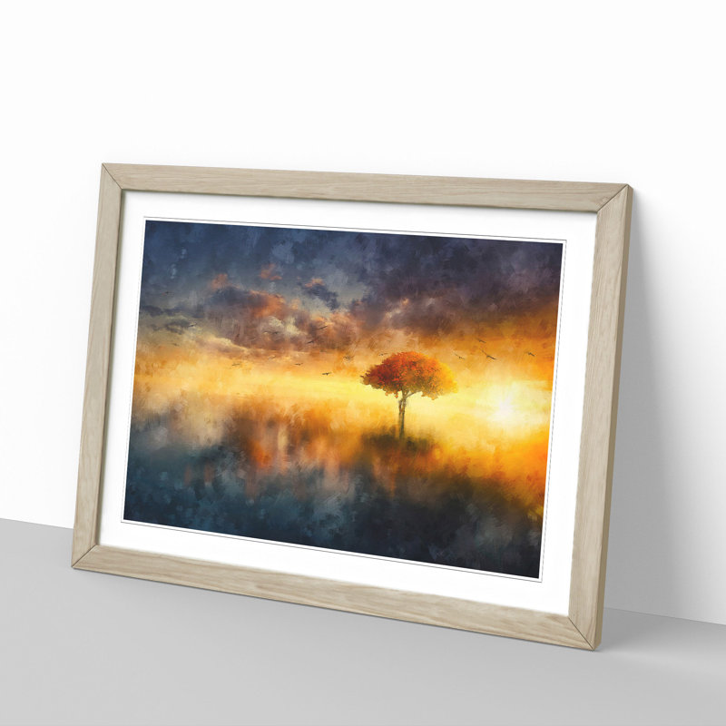 Flying Birds over a Lone Tree - Picture Frame Graphic Art Print, Oak Framed, 45cm H x 63cm W x 2cm D