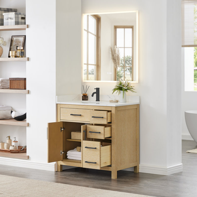 Beckett 36" Freestanding Single Bathroom Vanity with Quartz Top, Brushed Nickel, White Quartz, Whitewashed Oak