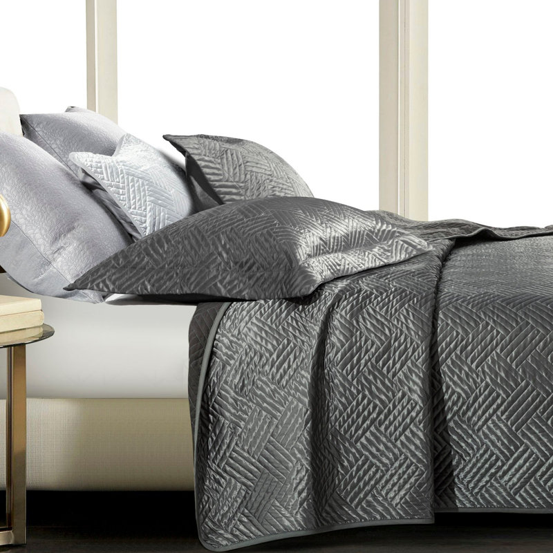Ensemble de courtepointe en satin de soie, couvre-lit géométrique toutes saisons avec taie décorative, Gris foncé