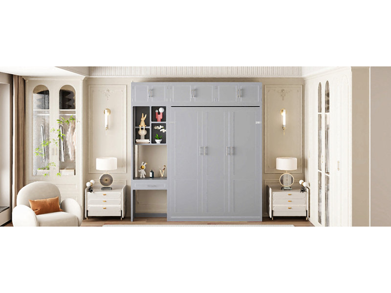 Grand lit escamotable mural avec bureau, armoire supérieure et tablettes de rangement, lit pliable peu encombrant