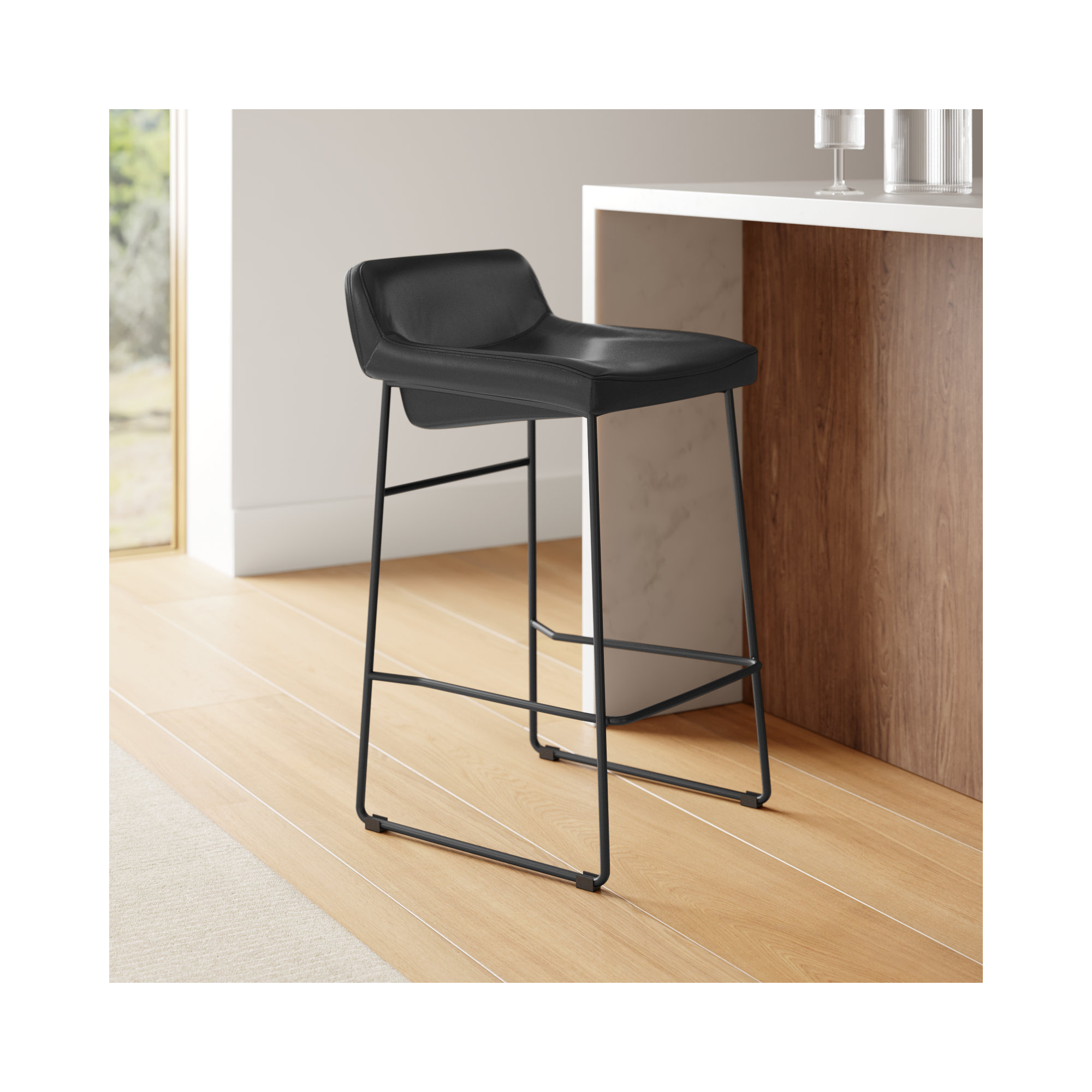 Brittany Bar & Counter Stool, Black Genuine Leather, Counter Stool (26” Seat Height)