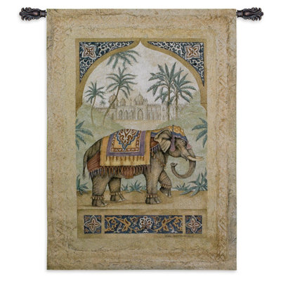 Old World Elephant II Trunk Up by Debra Swartzendruber | Woven Tapestry Wall Art Hanging | Regal Indian Elephant among Palms | 100% Cotton USA Size 52x36